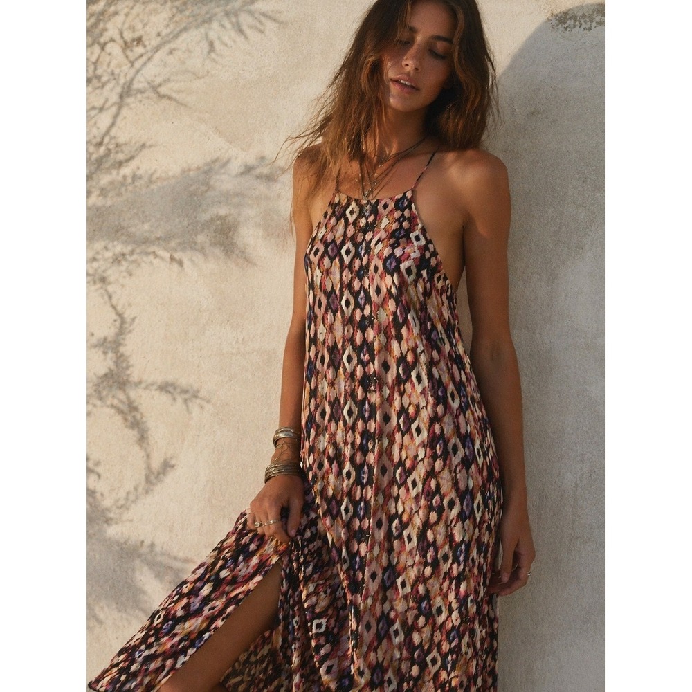 Veronica M Multicolor Ikat Halter Maxi Dress Size S Boho Flowy Festival Resort